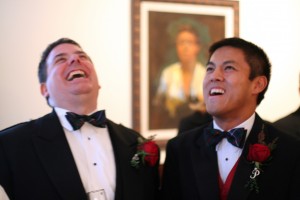 Newlyweds laughing